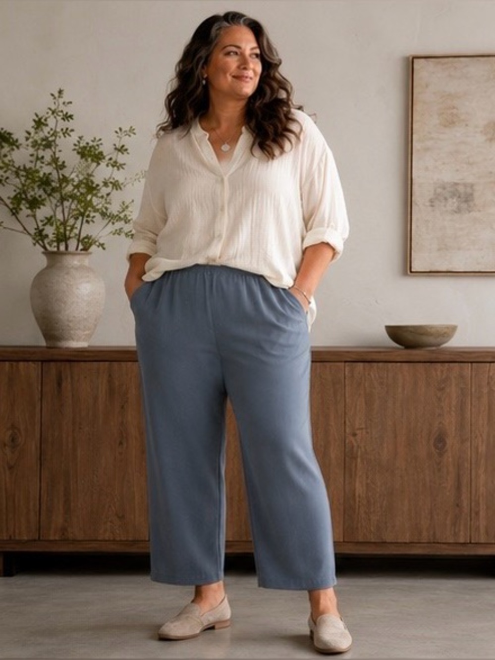 Eileen Fisher Silk Grey / Dusty Blue Crepe Straight-Leg Pants